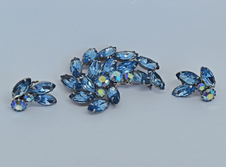 Juliana Blue Rhinestone Brooch and Earrings.