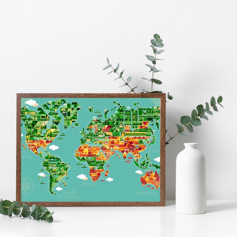 Cartoon World Map, Printable World Map, Wall Art Home & Office Decor