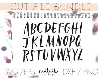 May include: A digital download of a font alphabet in black with a white background. The font is a handwritten style with a bold, thick stroke. The letters are uppercase and include the text "CUT FILE BUNDLE" and "SVG/EPS neatnik DXF/PNG cut files".
