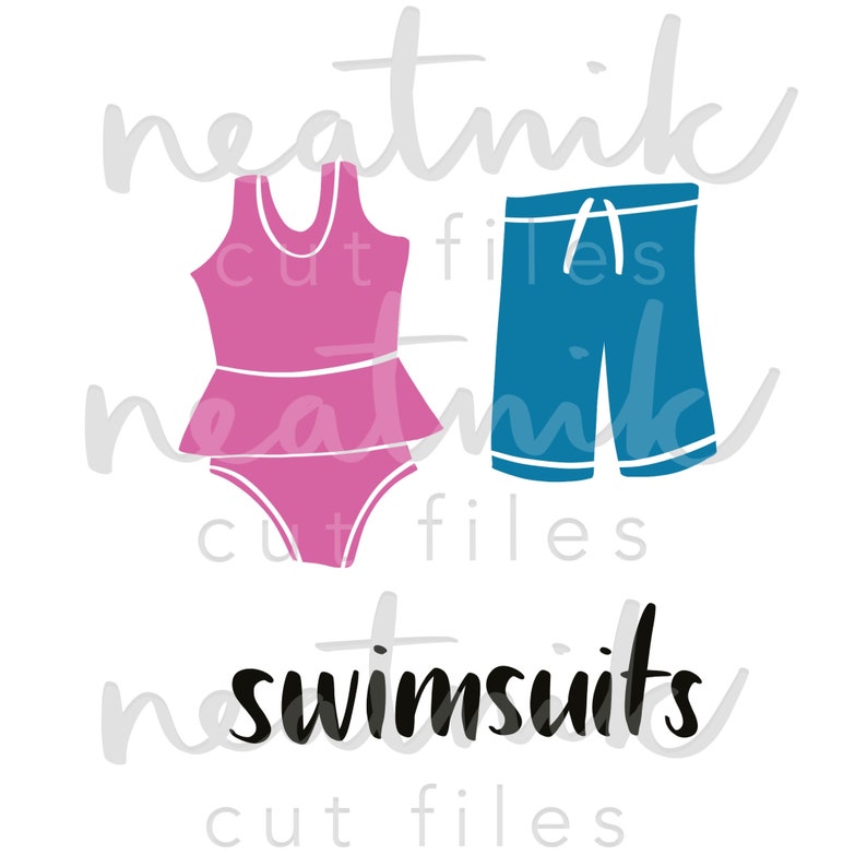 May include: A digital cut file design of a pink swimsuit and blue swim trunks. The text "swimsuits" is below the image.