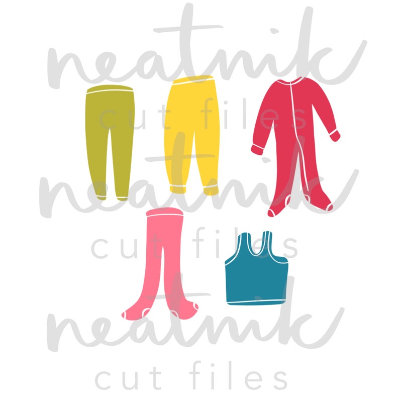 May include: Five different colored clothing items for a baby or toddler. The items include a pair of yellow pants, a pair of green pants, a red onesie, a pink pair of leggings, and a blue tank top. The text "neatnik cut files" appears three times in the image.