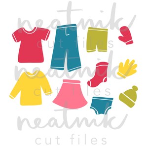 May include: A set of colorful clothing cut files, including a red shirt, blue pants, green shorts, yellow sweater, pink skirt, blue underwear, red socks, yellow gloves, red mittens, and a green hat.
