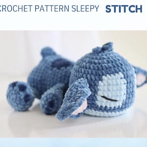 May include: A blue crochet toy resembling a character, with large ears and a distinctive face. The toy is lying down, with its arms and legs extended. The text "CROCHET PATTERN SLEEPY STITCH" is at the top.