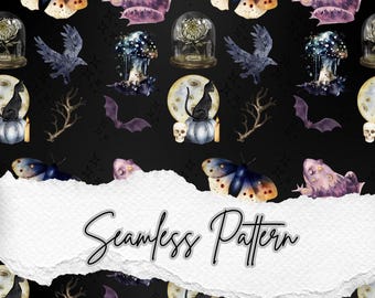 Witchy Halloween Seamless Pattern: Gothic Digital Paper PNG Download