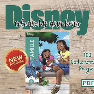 Op de afbeelding: Een Disney Familie kleurboek met 100 pagina's. De omslag toont Stitch, Lilo en een kikker. Het boek is een nieuwkomer en is beschikbaar in PDF-formaat.