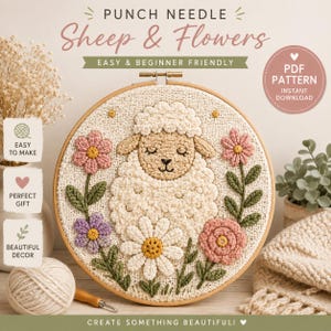 May include: A punch needle embroidery project in a wooden hoop featuring a central cream-colored sheep surrounded by pink, purple, and white flowers on a textured fabric background. The text reads PUNCH NEEDLE Sheep & Flowers PDF PATTERN.