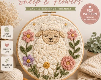 Sheep & Flowers Punch Needle Pattern | Beginner-Friendly PDF