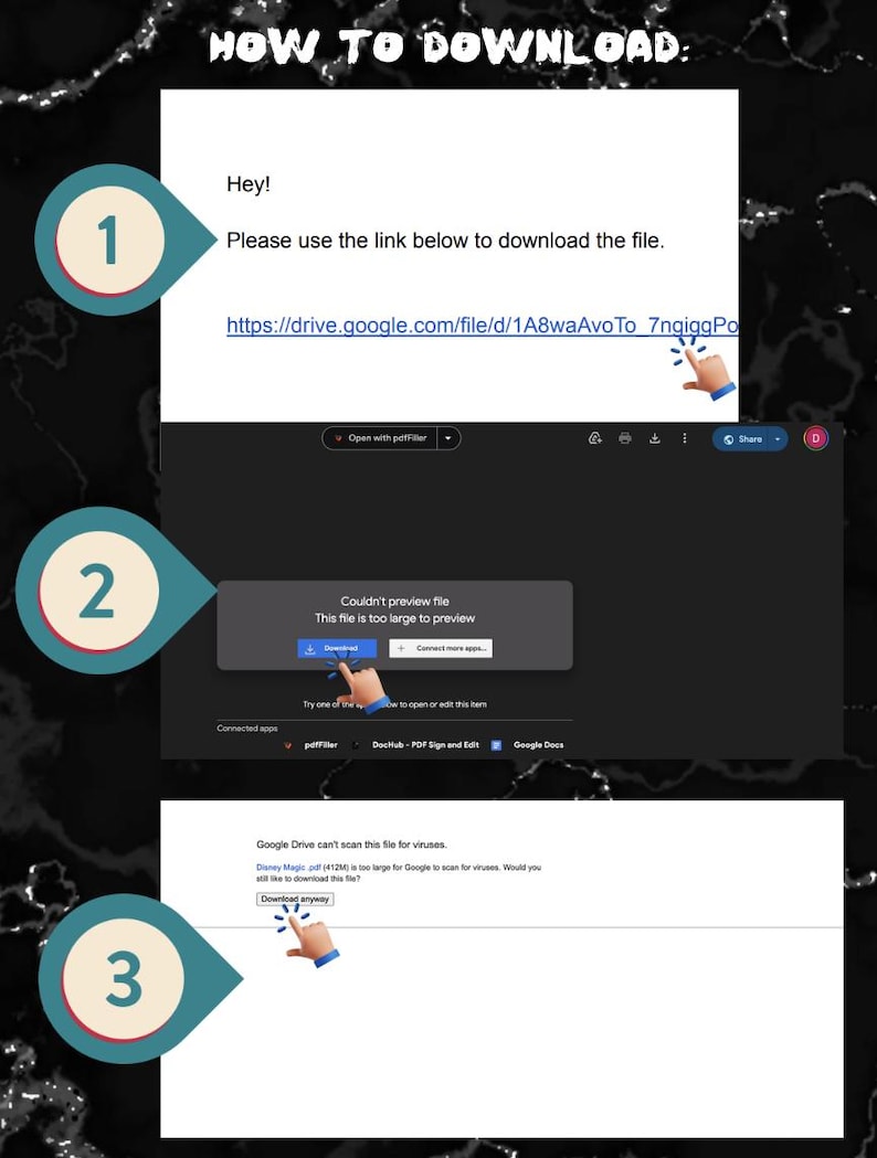 May include: A step-by-step guide on how to download a file from Google Drive. The file is too large to preview, but you can download it anyway. The steps are numbered 1, 2, and 3. The link to the file is https://drive.google.com/file/d/1A8waAvoTo 7ngiggPo.