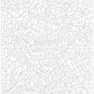 May include: A black and white paint by number image of a whimsical design with a variety of shapes and patterns. The image is divided into numbered sections, each corresponding to a different color on the color palette.