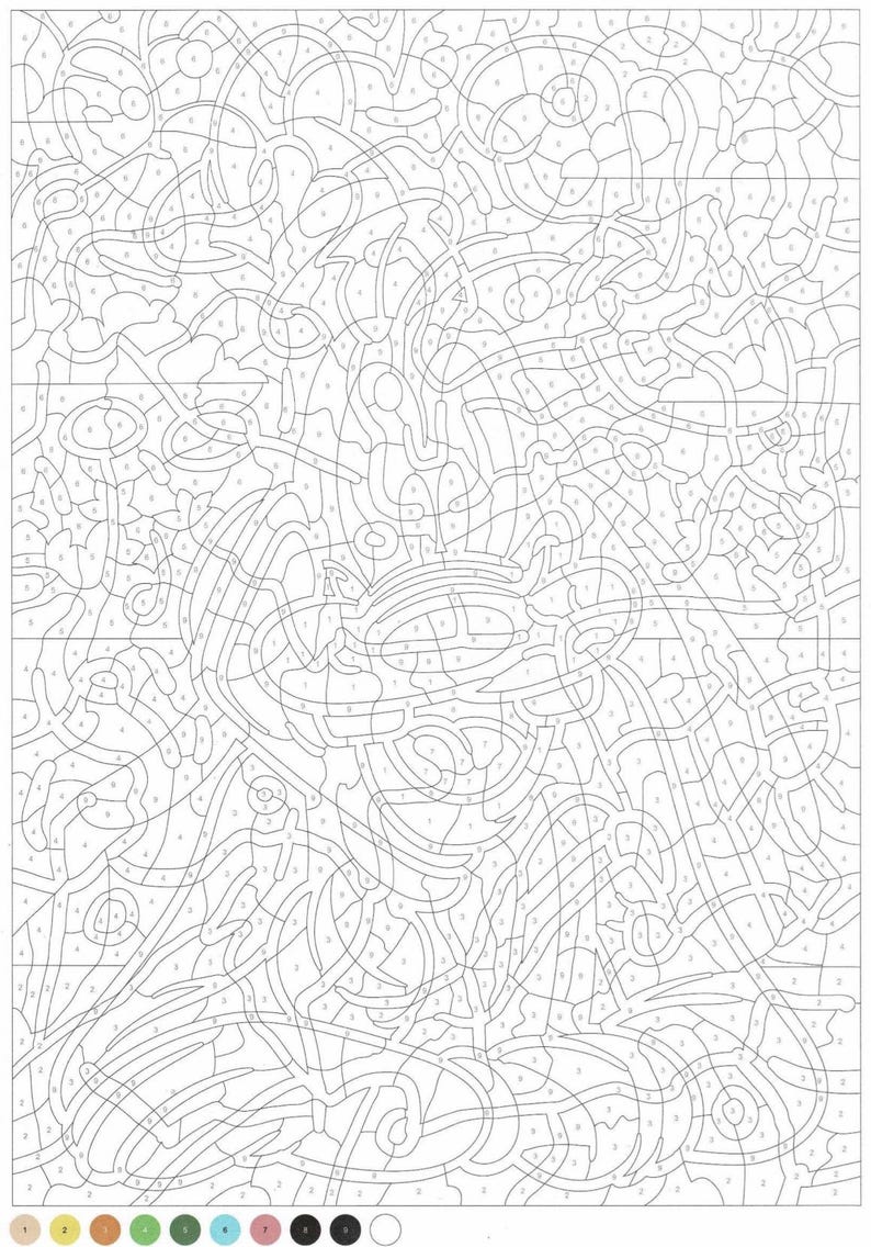May include: A black and white paint by number image of a whimsical design with a variety of shapes and patterns. The image is divided into numbered sections, each corresponding to a different color on the color palette.