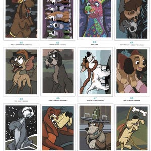 May include: A collection of 10 illustrated trading cards featuring various cartoon dogs from Disney movies. The cards are numbered 61 through 72 and each card features a different dog character. The cards are all in a similar style, with a white border and a colorful illustration of the dog.