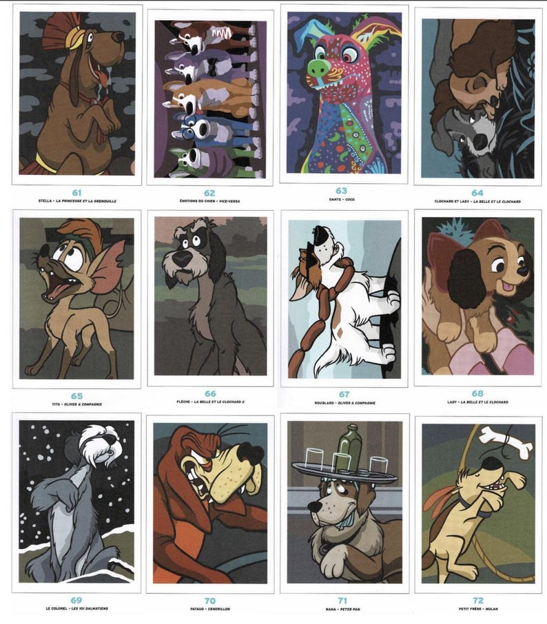 May include: A collection of 10 illustrated trading cards featuring various cartoon dogs from Disney movies. The cards are numbered 61 through 72 and each card features a different dog character. The cards are all in a similar style, with a white border and a colorful illustration of the dog.