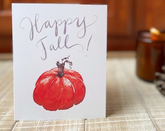 Fall Pumpkin Watercolor Notecard: “Happy Fall!” Painted Autumn Greeting Card