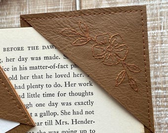 Leather Embroidered Bookmark: Floral Corner Bookmark, Book Accessory Gift