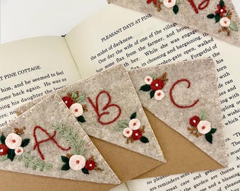 Personalized Embroidered Felt Bookmark, Floral Monogram Gift