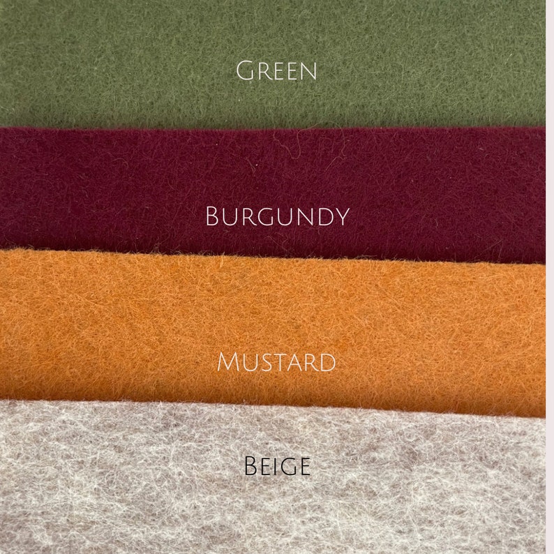 May include: Four fabric swatches in different colors: green, burgundy, mustard, and beige.