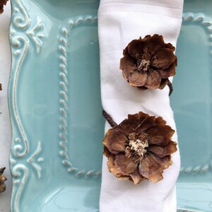 May include: A white napkin ring made from two brown pine cones. The napkin ring is on a light blue plate with a decorative border.