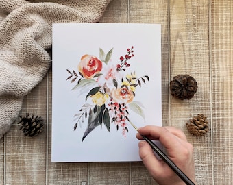 Floral Watercolor Print: Rose Bouquet Art, 8x10