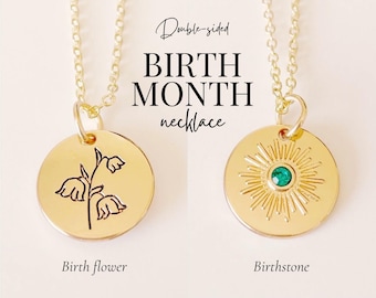 Personalized Birthstone Necklace: Mothers Day Jewelry, Engraved Birth Flower Pendant