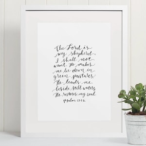 Psalm 23 Print, The Lord is My Shepherd, Hand Lettered Print, Scripture Print, Brush Lettering