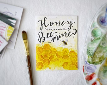 Carte de Saint-Valentin drôle d'abeille : motif aquarelle en nid d'abeille
