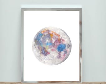 Impression aquarelle lune colorée : Art de la lune 8 x 10