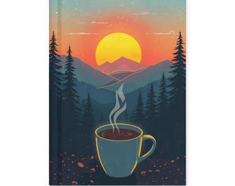 Majestic Orange Mountain Sunset Coffee Scene Hardcover journal matte