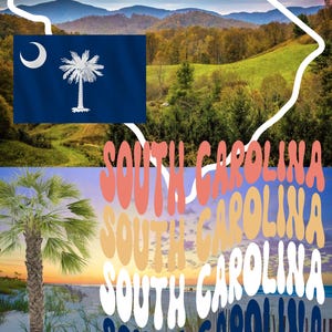 May include: A scenic image featuring the outline of South Carolina, with the state flag and the text "South Carolina" in various colors. The background includes a landscape with mountains, trees, and a beach scene with a palm tree.