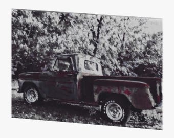 Vintage Black and White Truck Painting with Red Highlights 24x36 Canvas Art