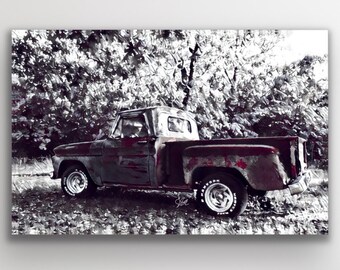 Rustic Mixed Media Truck Art Print with Red Accents