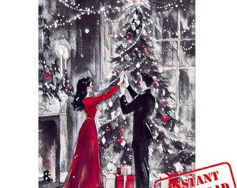 Vintage Christmas Tree Scene Art Print: Black and White Holiday Decor (Digital Download)