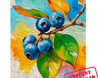 Vibrant Blueberry Botanical Illustration: Digital Wall Art Print for Kitchen and Home Decor