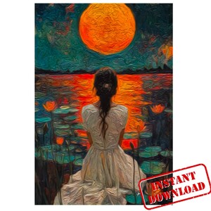 Enchanting Moonlit Lady Wall Art: Tranquil Night Scene Digital Download for Home Decor