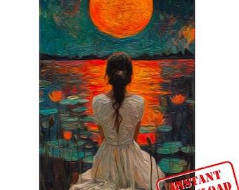Enchanting Moonlit Lady Wall Art: Tranquil Night Scene Digital Download for Home Decor