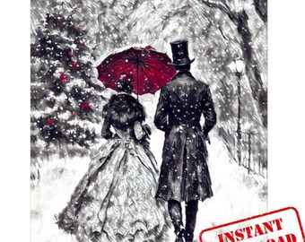 Vintage Winter Scene Art Print: Black and White Christmas Decor (Digital Download)