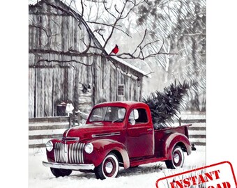 Vintage Red Truck Christmas Print: Festive Farmhouse Wall Art (Digital Download)