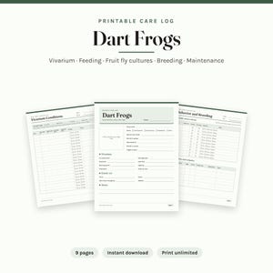 Può includere: Un registro di cura stampabile per rane freccia con nove pagine per monitorare le condizioni del terrario, l'alimentazione, le colture di moscerini della frutta, l'allevamento e la manutenzione, con sezioni per note e osservazioni.