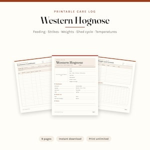 Puede incluir: Un registro de cuidados imprimible para serpientes Western Hognose con nueve páginas para rastrear alimentación, pesos, ciclos de muda y temperaturas. El documento incluye secciones para condiciones del recinto y datos veterinarios.