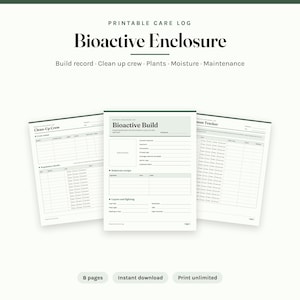 Puede incluir: Un registro de cuidados imprimible para un recinto bioactivo con ocho páginas para rastrear registros de construcción, equipo de limpieza, plantas, humedad y mantenimiento. Incluye secciones para recetas de sustrato, capas, iluminación y seguimiento.
