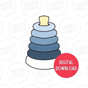 May include: A blue and white stacking toy with a yellow knob on top. The toy is made of plastic and has a smooth, rounded surface. It is a popular toy for babies and toddlers.