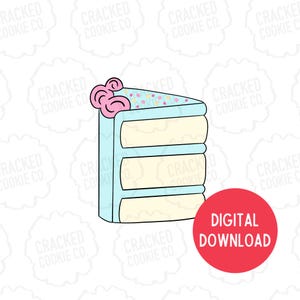 May include: A slice of cake illustration with a light blue exterior, cream-colored layers, and pink frosting. The top of the cake is decorated with colorful sprinkles. A red circle with the words "DIGITAL DOWNLOAD" is in the bottom right corner.