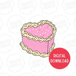 May include: A pink heart-shaped cake with a light yellow decorative border and colorful sprinkles. The image includes a red circle with the words "DIGITAL DOWNLOAD". The cake is a digital design.
