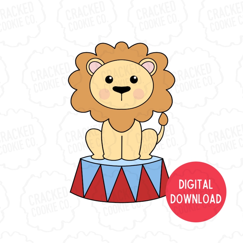 May include: A cartoon lion with a brown mane sits on a red and blue circus pedestal. The lion has a yellow body, a black nose, and black eyes. The pedestal has a red base with a blue and white striped top.