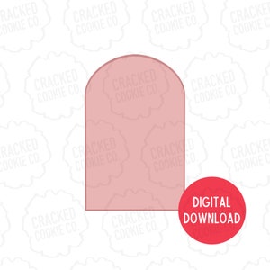 May include: A digital download for a printable cookie cutter in the shape of an arch. The cutter is pink and has a white background with the text "Cracked Cookie Co." repeated.