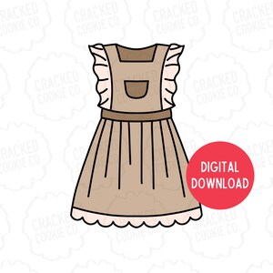 Könnte beinhalten: Ein braunes und weißes Kleid mit einem Rüschenkragen und einer Tasche auf der Vorderseite. Das Kleid hat einen braunen Gürtel und einen gewellten Saum.