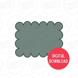 May include: A digital download for a cookie cutter in the shape of a scalloped rectangle. The cutter is a dark green colour and the text "DIGITAL DOWNLOAD" is in red.
