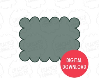 Puede incluir: Una descarga digital para un cortador de galletas con forma de rectángulo festoneado. El cortador es de color verde oscuro y el texto "DESCARGA DIGITAL" está en rojo.
