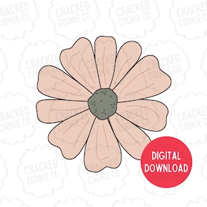 May include: A digital download of a flower-shaped cookie cutter. The flower has soft peach-colored petals and a gray center. The words "DIGITAL DOWNLOAD" are in a red circle in the lower right corner.