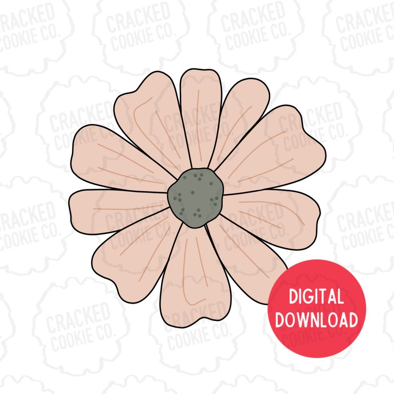May include: A digital download of a flower-shaped cookie cutter. The flower has soft peach-colored petals and a gray center. The words "DIGITAL DOWNLOAD" are in a red circle in the lower right corner.