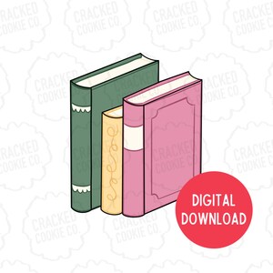Könnte beinhalten: Illustration von drei Büchern in einer Reihe. Die Bücher sind in Grün-, Gelb- und Rosatönen gehalten. Das grüne Buch hat weiße dekorative Elemente. Das rosa Buch hat ein weißes Band. Ein roter Kreis mit den Worten "DIGITALER DOWNLOAD" befindet sich unten rechts.